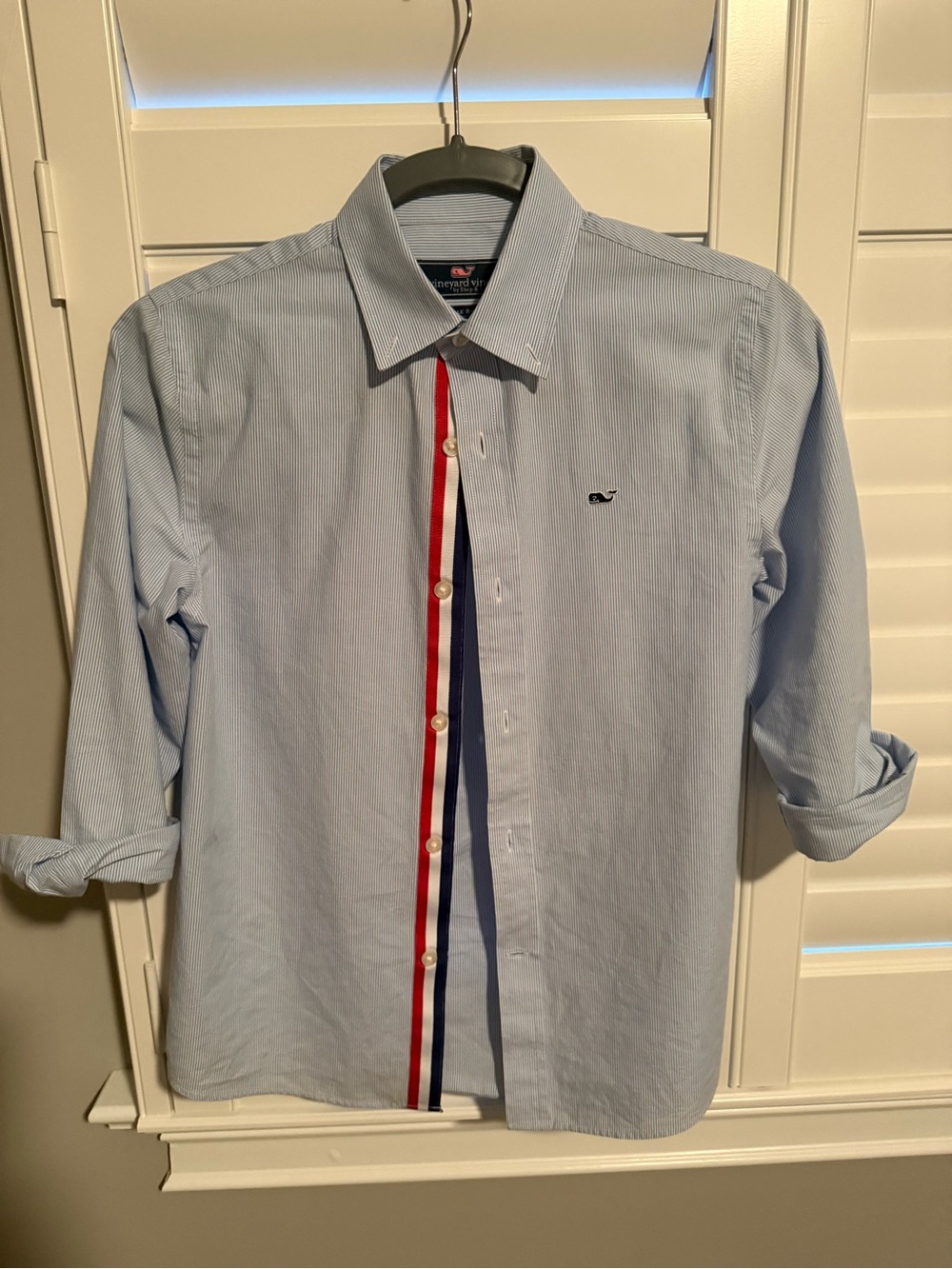 Vineyard Vines Light Blue Button-Down with Red and Navy Stripe Trim